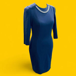 Navy Blue Bodycon Sheath Career Modern Sleek Office Dress 6
